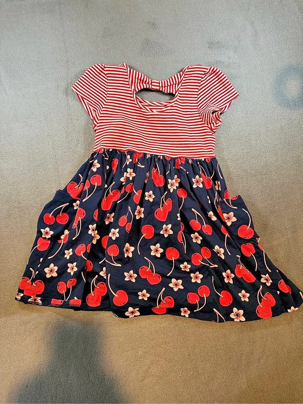 FLAPDOODLES Cherry Print Dress with Pockets and Back Bow Red & Blue Girls 7